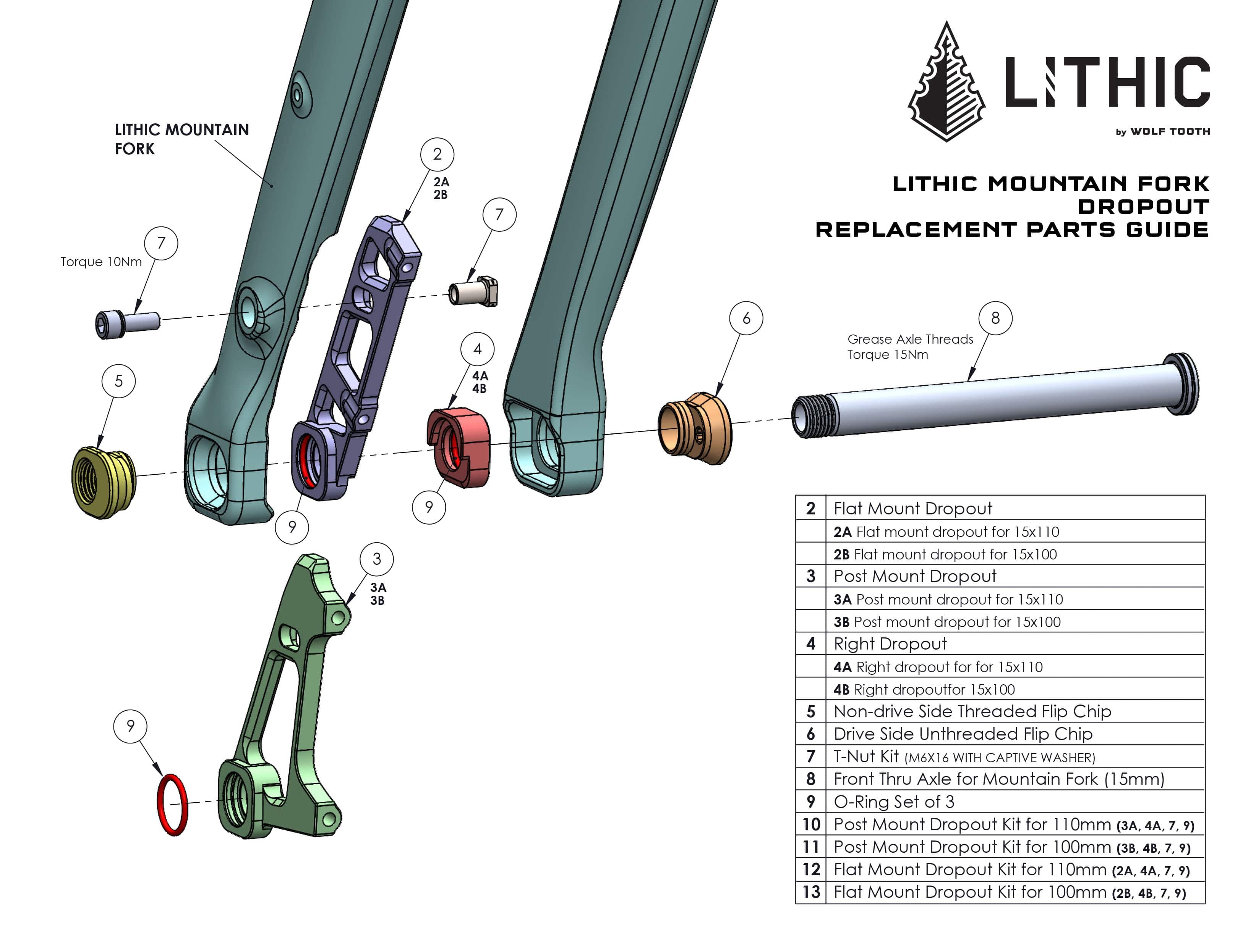 Diagram with all available replacement parts for the Wolf Tooth Lithic Carbon Mountain Bike fork.