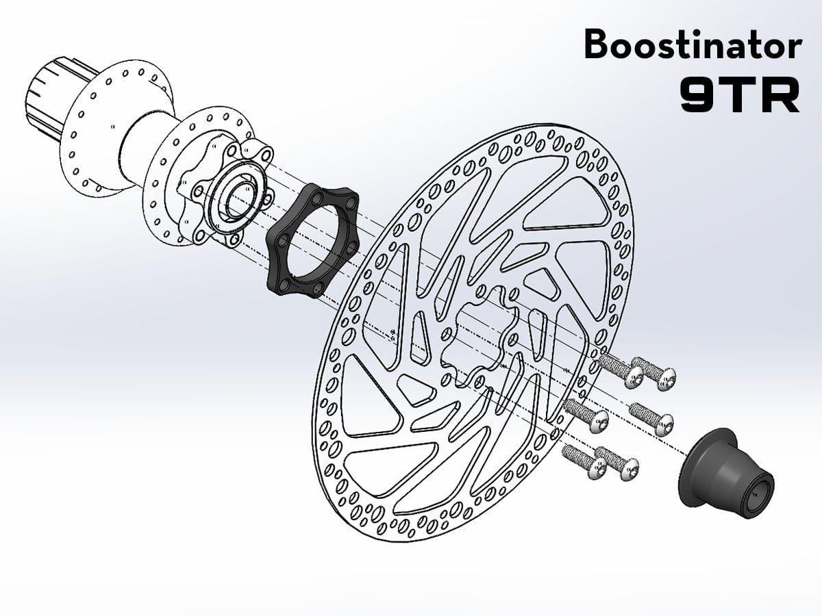 Illustration of where to install the components of a Boostinator 9TR on an Industry Nine Torch Hub.