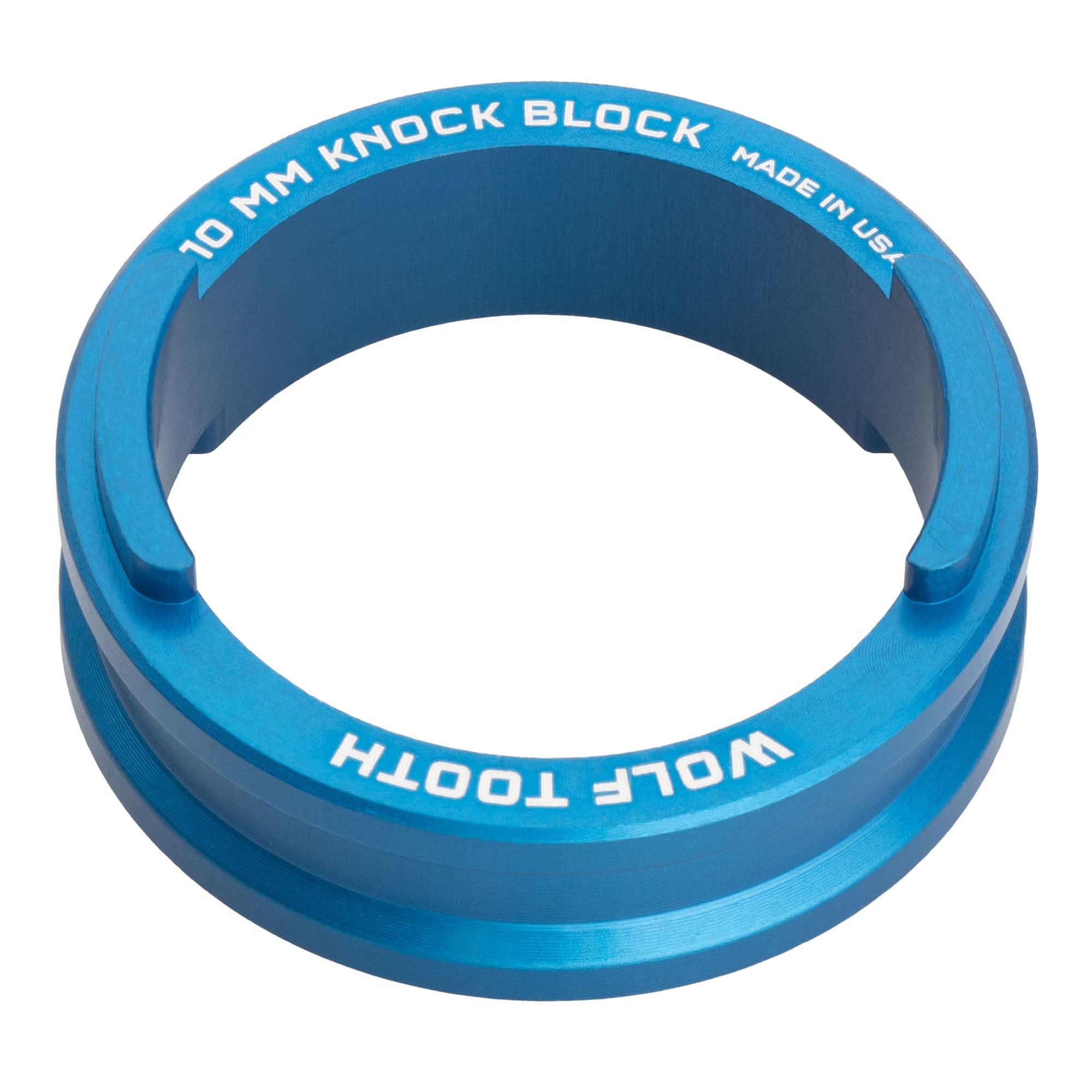 Wolf Tooth 10mm Headset Spacer for Trek Knockblock, shown in blue, are machined from 6061 aluminum.