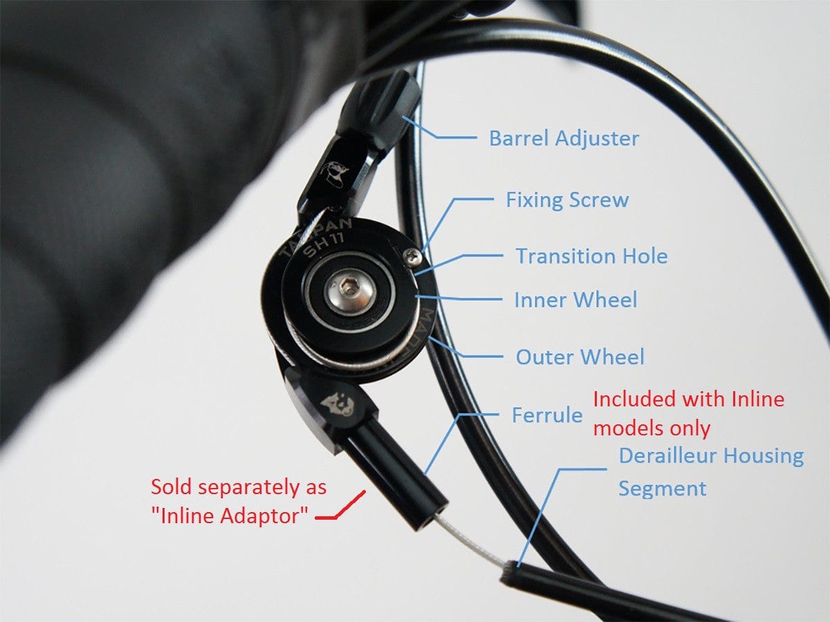 Diagram showing the names of the replacement parts on the Wolf Tooth Tanpan derailleur adaptor.